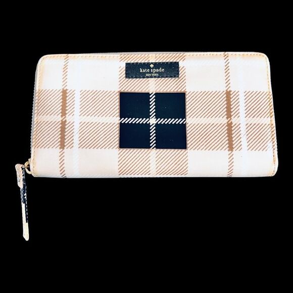 Kate Spade Women's Patent Leather Clutch Wallet Organizer Large Zip Pink Plaid - Picture 5 of 11